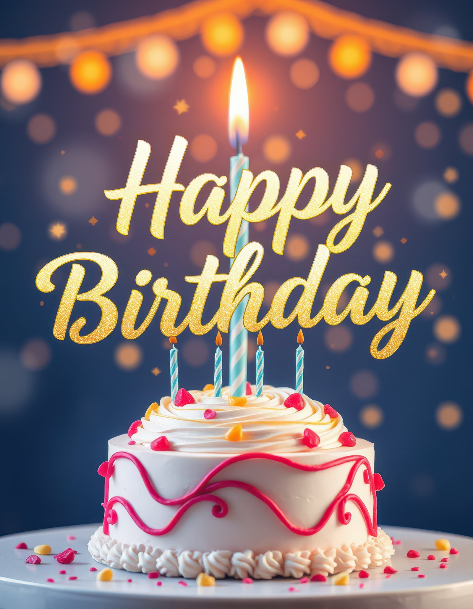 Celebratory birthday cake with lit candles and festive decorations creating a joyful atmosphere in an evening setting